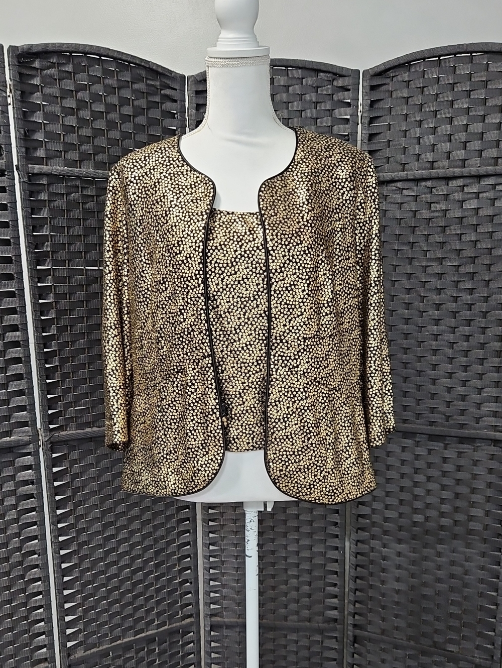 Alex Evenings Gold Sequin Open-Front Jacket with Black Trim